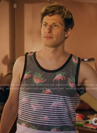Jake’s striped flamingo print tank top on Brooklyn Nine-Nine