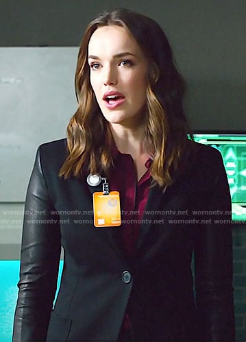 Jemma’s red blouse, leather sleeve blazer and platform sneakers on Agents of SHIELD