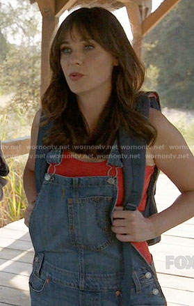 Jess’s denim overalls on New Girl