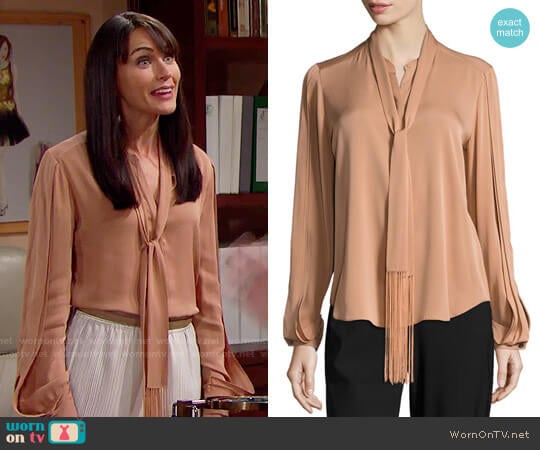 Kobi Halperin Tara Fringed Tie-Neck Stretch-Silk Blouse worn by Quinn Fuller (Rena Sofer) on The Bold and the Beautiful