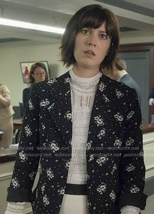 Laurel’s white lace top and black floral blazer on BrainDead