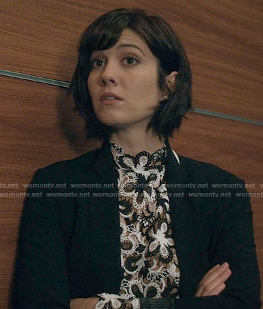 Laurel’s black and white lace top on BrainDead