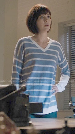 Laurel’s blue striped v-neck sweater on BrainDead