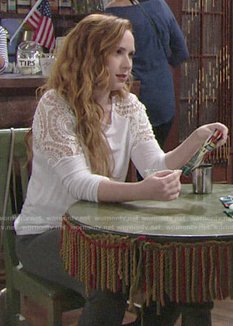 Mariah’s white top with crochet sleeves on The Young and the Restless