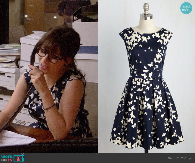 Closet London Fluttering Romance Dress in Butterfly Silhouettes worn by Jessica Day (Zooey Deschanel) on New Girl