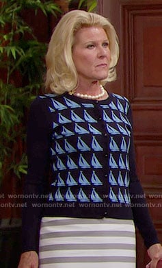 Pam’s sailboat print cardigan and striped skirt on The Bold and the Beautiful
