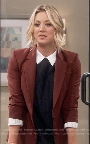 Penny’s pinstriped dress with white collar and burgundy blazer on The Big Bang Theory