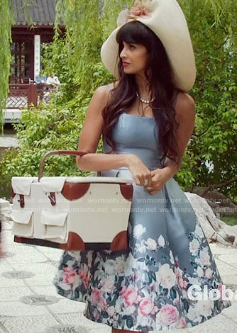 Tahani’s grey jacquard rose print dress and picnic basket on The Good Place