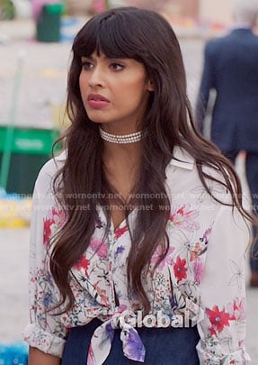 Tahani’s floral tie front shirt and denim skirt on The Good Place