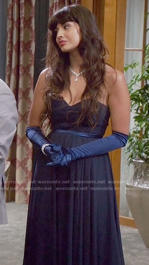 Tahani’s navy strapless gown on The Good Place