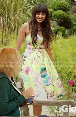 Tahani’s neon yellow floral dress on The Good Place