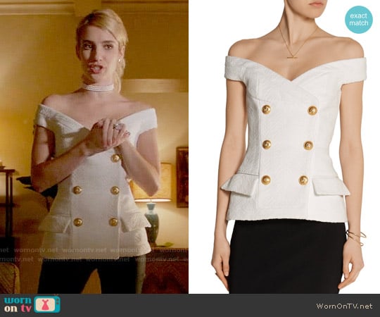 Balmain Off-the-shoulder jacquard top worn by Chanel Oberlin (Emma Roberts) on Scream Queens