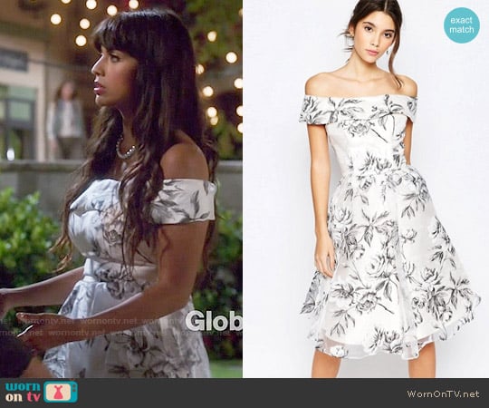 Chi Chi London Off Shoulder Midi Dress in Organza worn by Tahani Al-Jamil (Jameela Jamil) on The Good Place