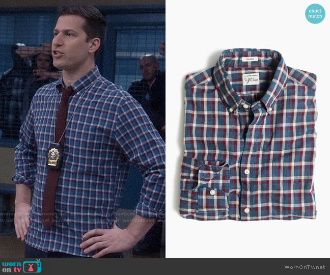 J.Crew Secret Wash Shirt in Heather Poplin Plaid in Hthr Blue worn by Jake Peralta (Andy Samberg) on Brooklyn Nine-Nine