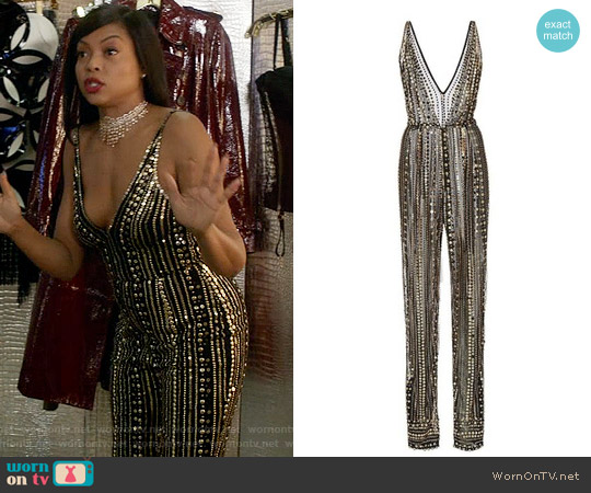 Naeem Khan Metallic Beaded V-Front Jumpsuit worn by Cookie Lyon (Taraji P. Henson) on Empire