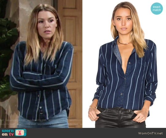Rails Dana Shirt in Midnight Tribeca Stripe worn by Chloe Mitchell (Elizabeth Hendrickson) on The Young and the Restless