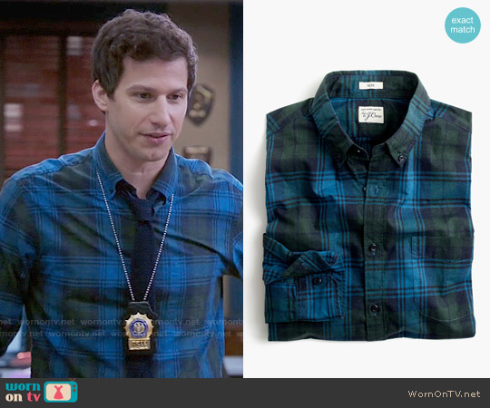 J.Crew Slim Secret Wash Shirt in Heather Poplin Plaid in Hthr Green worn by Jake Peralta (Andy Samberg) on Brooklyn Nine-Nine