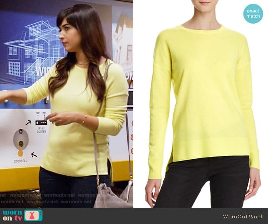 Aqua Cashmere High/Low Crewneck Cashmere Sweater in Lemon worn by Cece Parekh (Hannah Simone) on New Girl