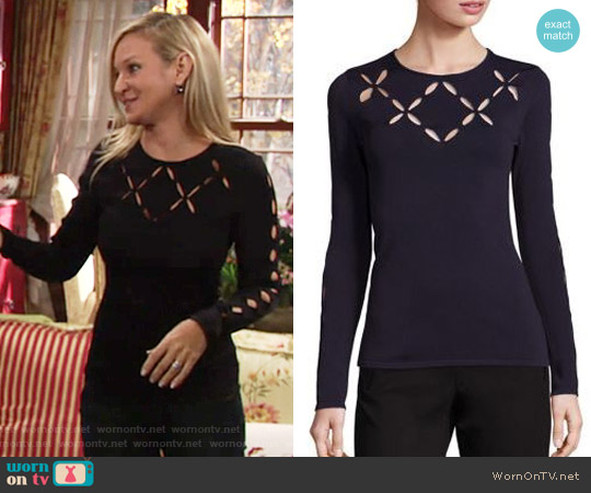 Bailey 44 Mergers Cross Cut Top in Navy worn by Sharon Newman (Sharon Case) on The Young and the Restless