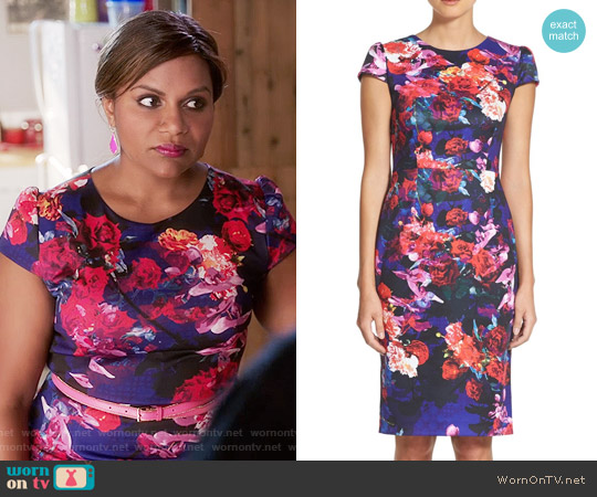 Betsey Johnson Print Stretch Midi Dress in Black Multi worn by Mindy Lahiri (Mindy Kaling) on The Mindy Project