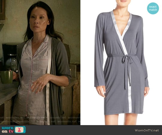 Calvin Klein Essentials Short Satin Robe in Charcoal / Silverstone worn by Joan Watson (Lucy Liu) on Elementary