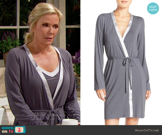 Calvin Klein Essentials Short Satin Robe in Charcoal / Silverstone worn by Brooke Logan (Katherine Kelly Lang) on The Bold and the Beautiful
