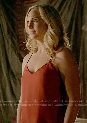 Caroline’s red top with black straps on The Vampire Diaries