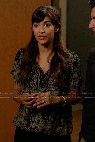 Cece’s black paisley print top on New Girl