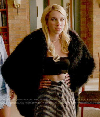 Chanel’s houndstooth button front skirt and bandeau top on Scream Queens