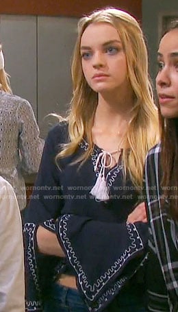 Claire’s blue embroidered bell sleeve blouse on Days of our Lives