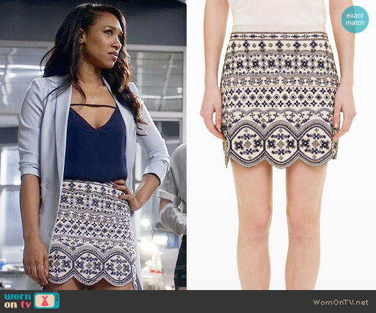 Club Monaco Turlough Embellished Skirt in Foundation worn by Iris West (Candice Patton) on The Flash