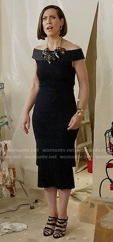 Diana’s navy off-shoulder dress and zebra shoes on Younger