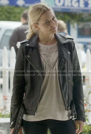 Emma’s embroidered top and leather moto jacket on Once Upon a Time