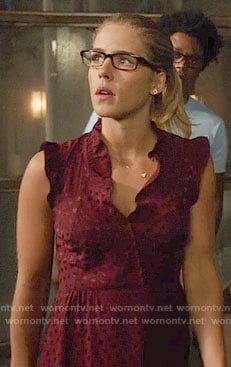 Felicity’s burgundy polka dot dress with ruffles on Arrow