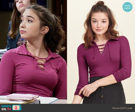 Hollister Lace Up Ribbed Polo in Purple worn by Riley Matthews (Rowan Blanchard) on Girl Meets World