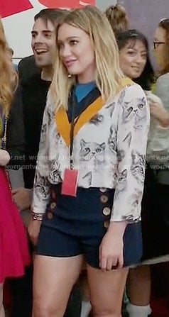 Kelsey’s cat print blouse and button front shorts on Younger
