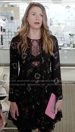Liza’s black floral dress with lace panel on Younger