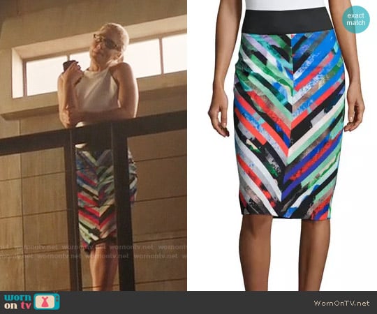 Milly Mirage Striped Midi Skirt worn by Felicity Smoak (Emily Bett Rickards) on Arrow