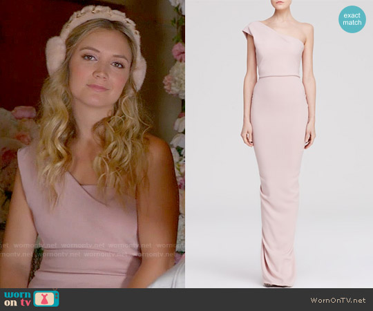 Nicole Bakti One Shoulder Ruffle Back Gown in Blush worn by Chanel #3 (Billie Lourd) on Scream Queens