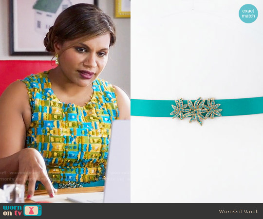Oscar de la Renta Silk Rhinestone-Buckle Belt in Teal worn by Mindy Lahiri (Mindy Kaling) on The Mindy Project