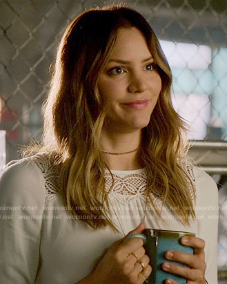 Paige’s white crochet panel top on Scorpion