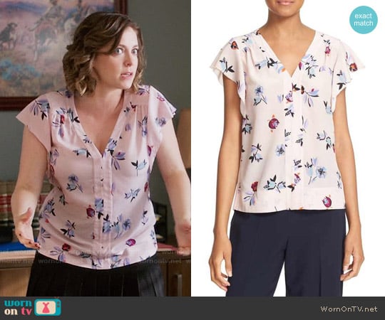 Rebecca Taylor Bellflower Flutter Sleeve Floral Silk Top worn by Rebecca Bunch (Rachel Bloom) on Crazy Ex-Girlfriend