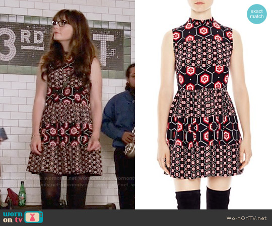 Sandro Honeycomb Printed Silk Dress worn by Jessica Day (Zooey Deschanel) on New Girl
