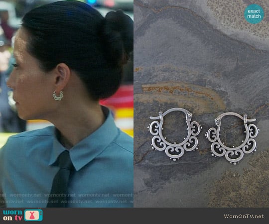 Sasha Bell Jewelry Mini Ornate Tribal Hoops worn by Joan Watson (Lucy Liu) on Elementary