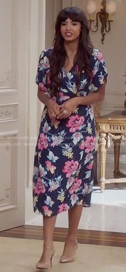 Tahani’s navy and pink floral wrap dress on The Good Place