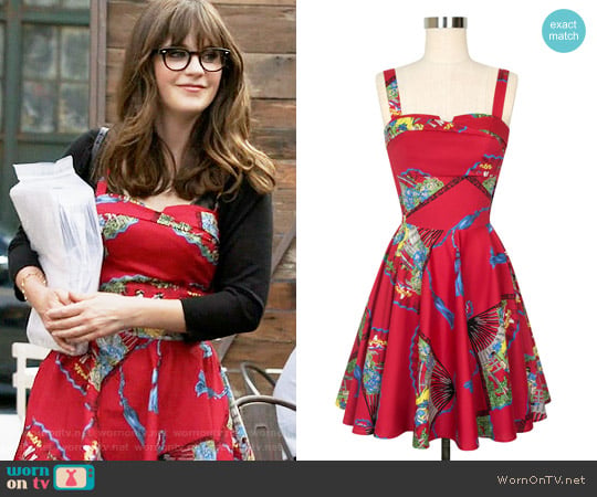 Trashy Diva Trixie Dress in Red Fans worn by Jessica Day (Zooey Deschanel) on New Girl