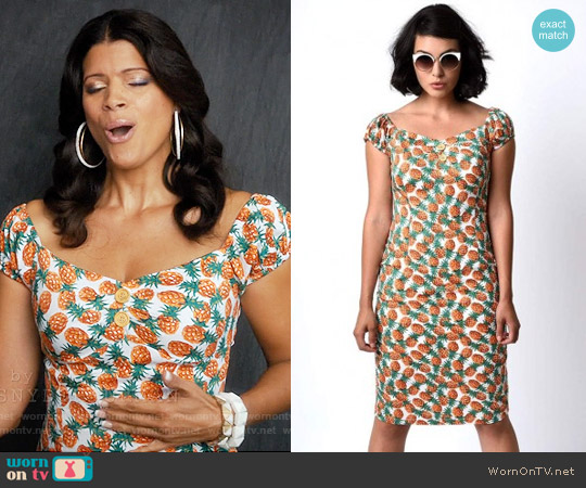 Pineapple Tiki Dolores Wiggle Dress from Unique  Vintage worn by Xiomara Villanueva (Andrea Navedo) on Jane the Virgin