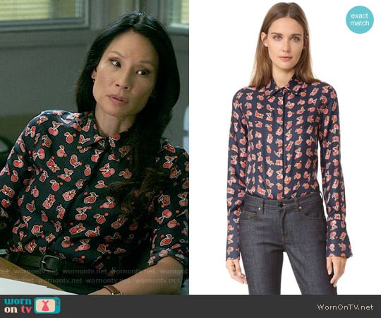 VICTORIA Victoria Beckham Fruit Machine Button Down Shirt worn by Joan Watson (Lucy Liu) on Elementary