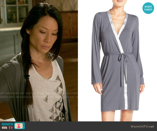 Calvin Klein Essentials Short Satin Robe in Charcoal / Silverstone worn by Joan Watson (Lucy Liu) on Elementary