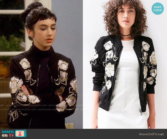 Kimchi Blue Molly Embroidered Bomber Jacket worn by Mandy Baxter (Molly Ephraim) on Last Man Standing